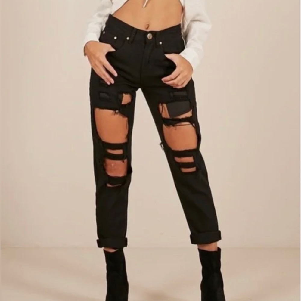 SHOWPO Black High Waisted Distressed Boyfriend Jeans